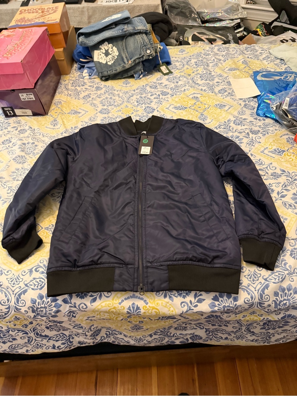 Stussy Navy Blue Bomber Jacket with Black Ribbed Trim